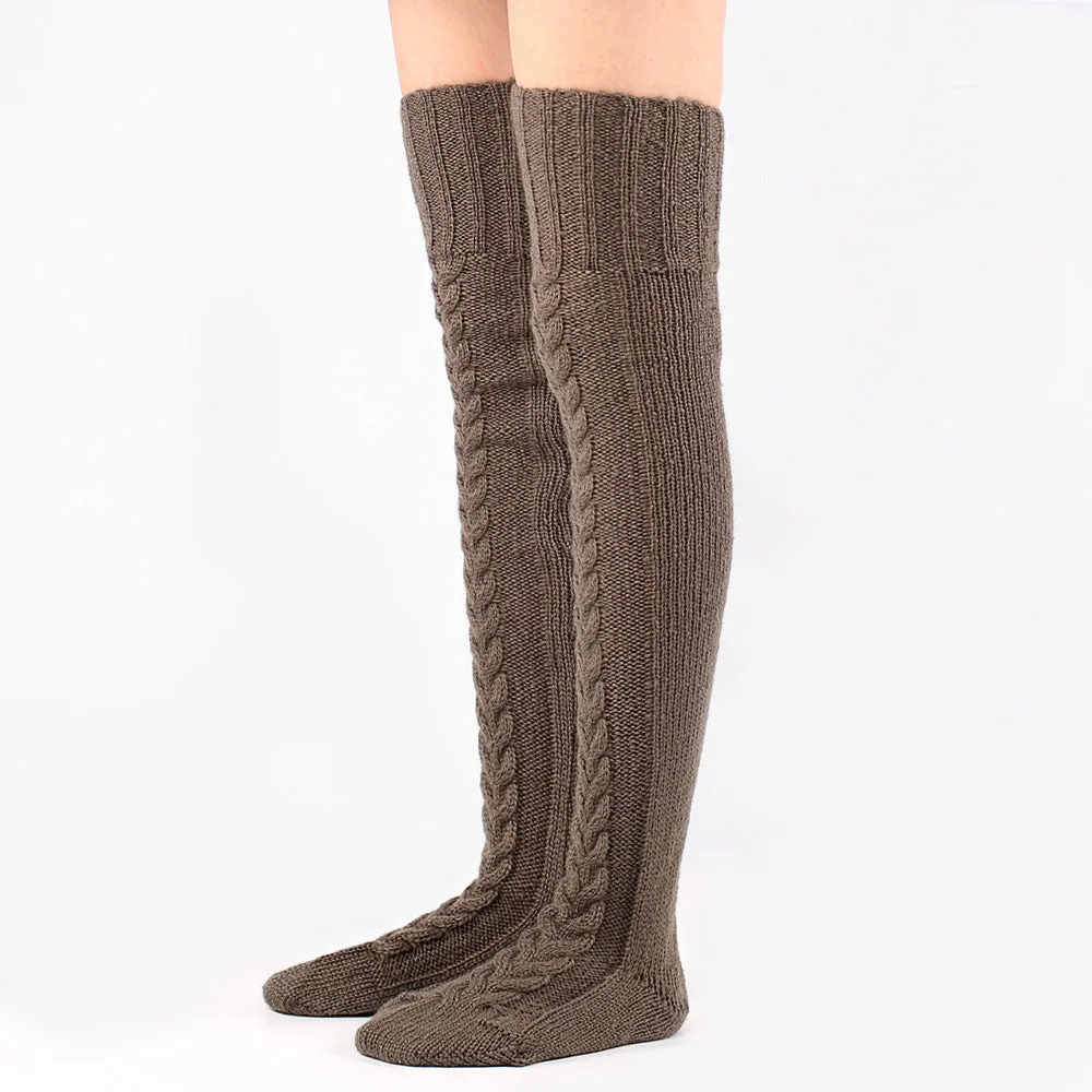 Preppy Style Monochrome Color Thigh High Cable Knit Socks