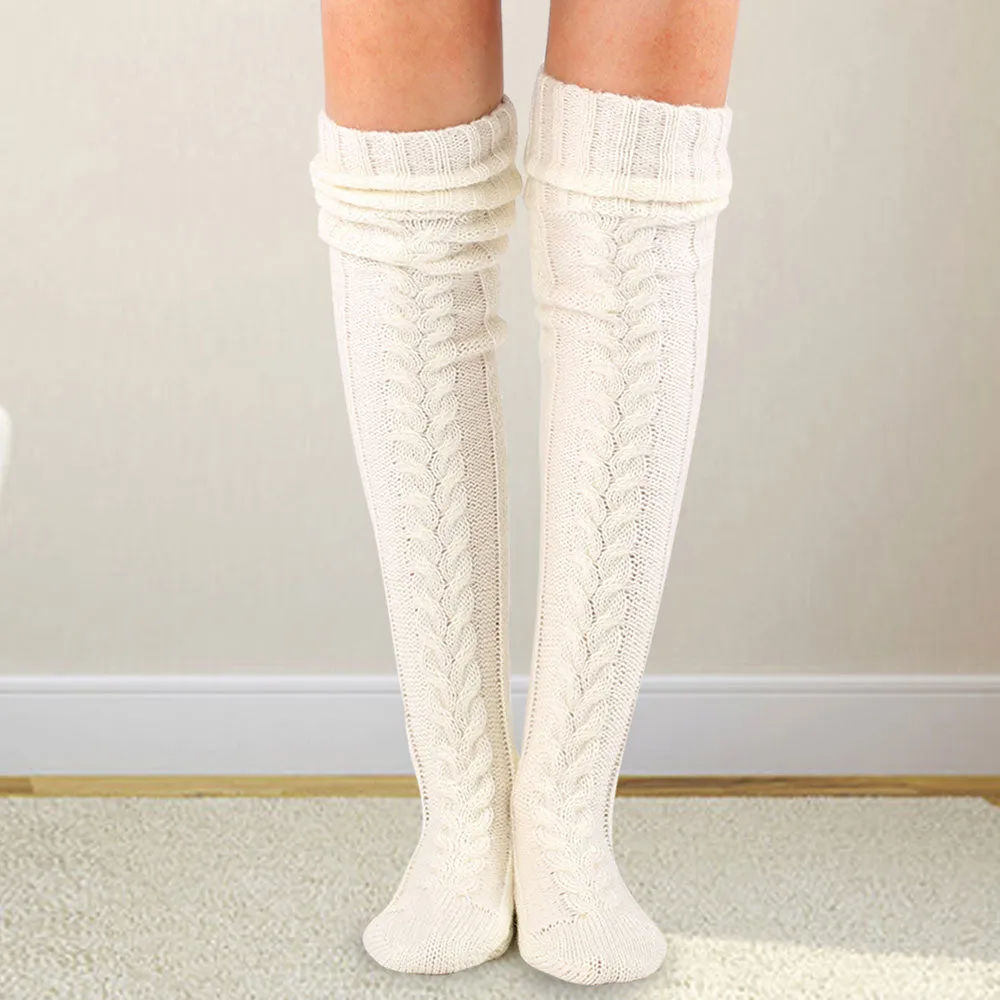 Preppy Style Monochrome Color Thigh High Cable Knit Socks