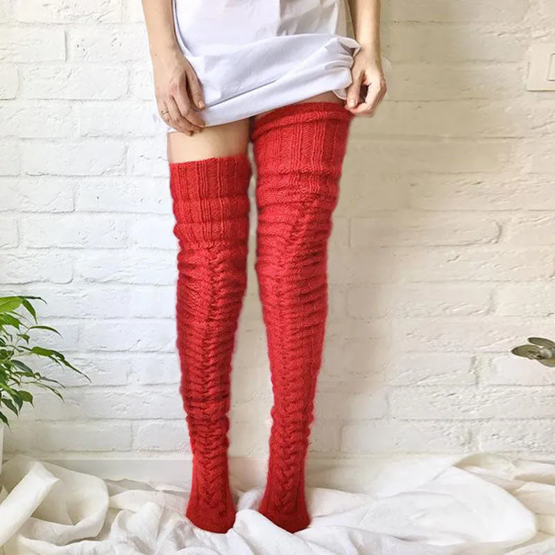 Preppy Style Monochrome Color Thigh High Cable Knit Socks