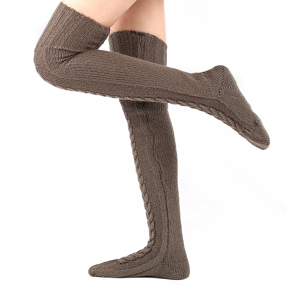 Preppy Style Monochrome Color Thigh High Cable Knit Socks