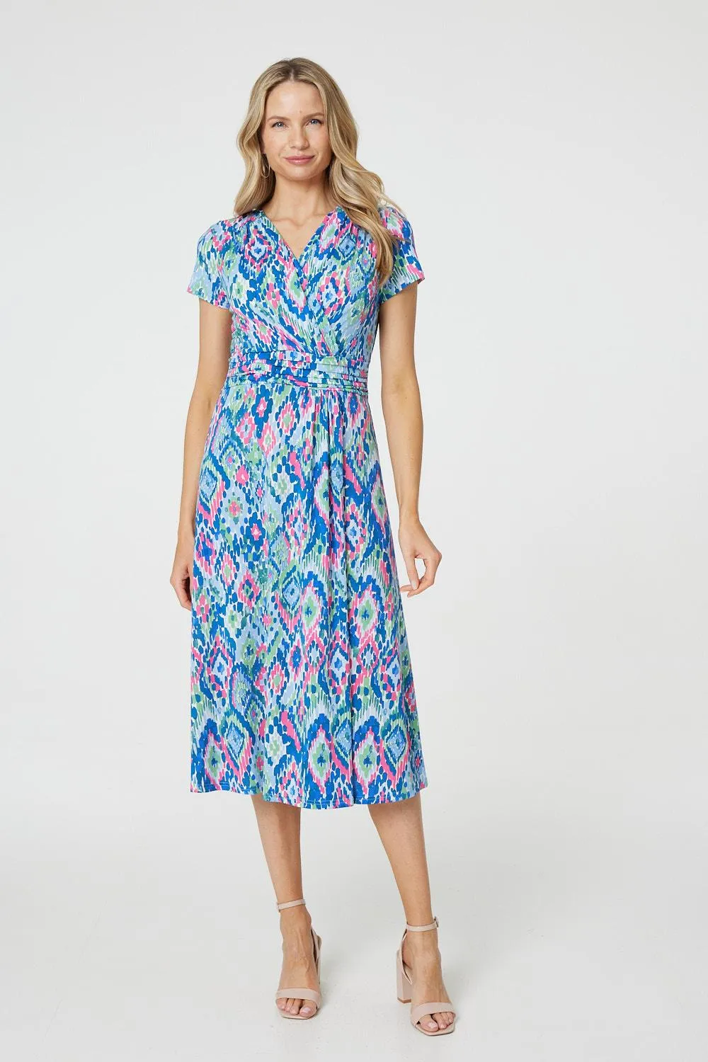 Printed Ruched Faux-Wrap Midi Dress