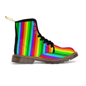 Rainbow Stripe Women's Canvas Boots, Striped Modern Gay Pride Winter Boots Shoes For Ladies