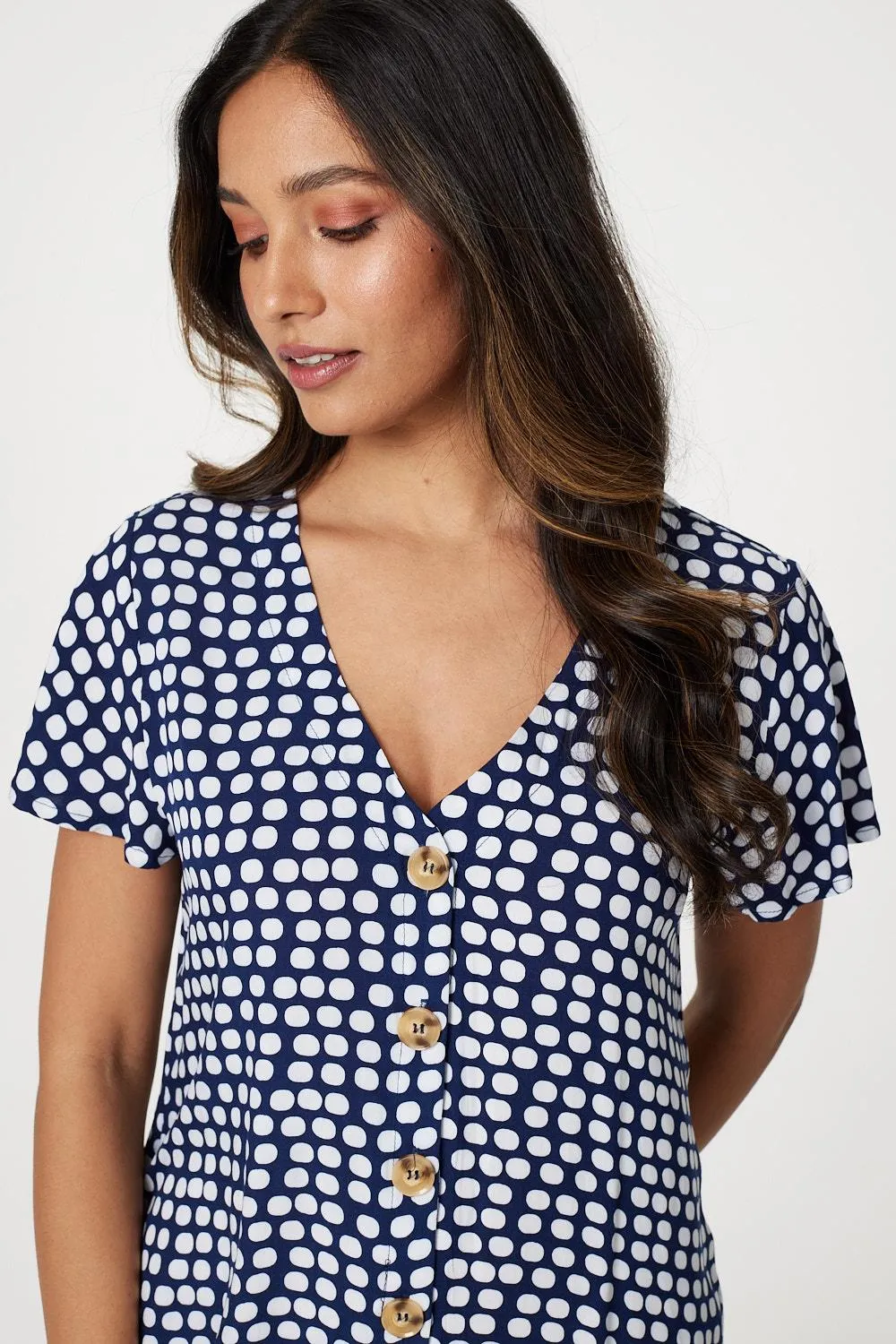 Spotty V-Neck Button Front Dress