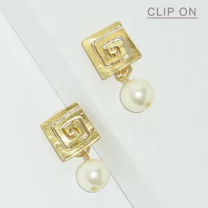 Square spiral pearl drop clip-on earrings