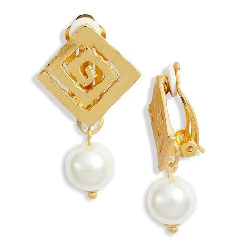 Square spiral pearl drop clip-on earrings