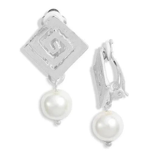 Square spiral pearl drop clip-on earrings