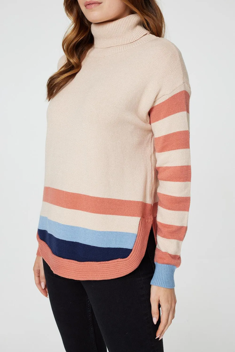 Stripy Roll Neck Relaxed Jumper