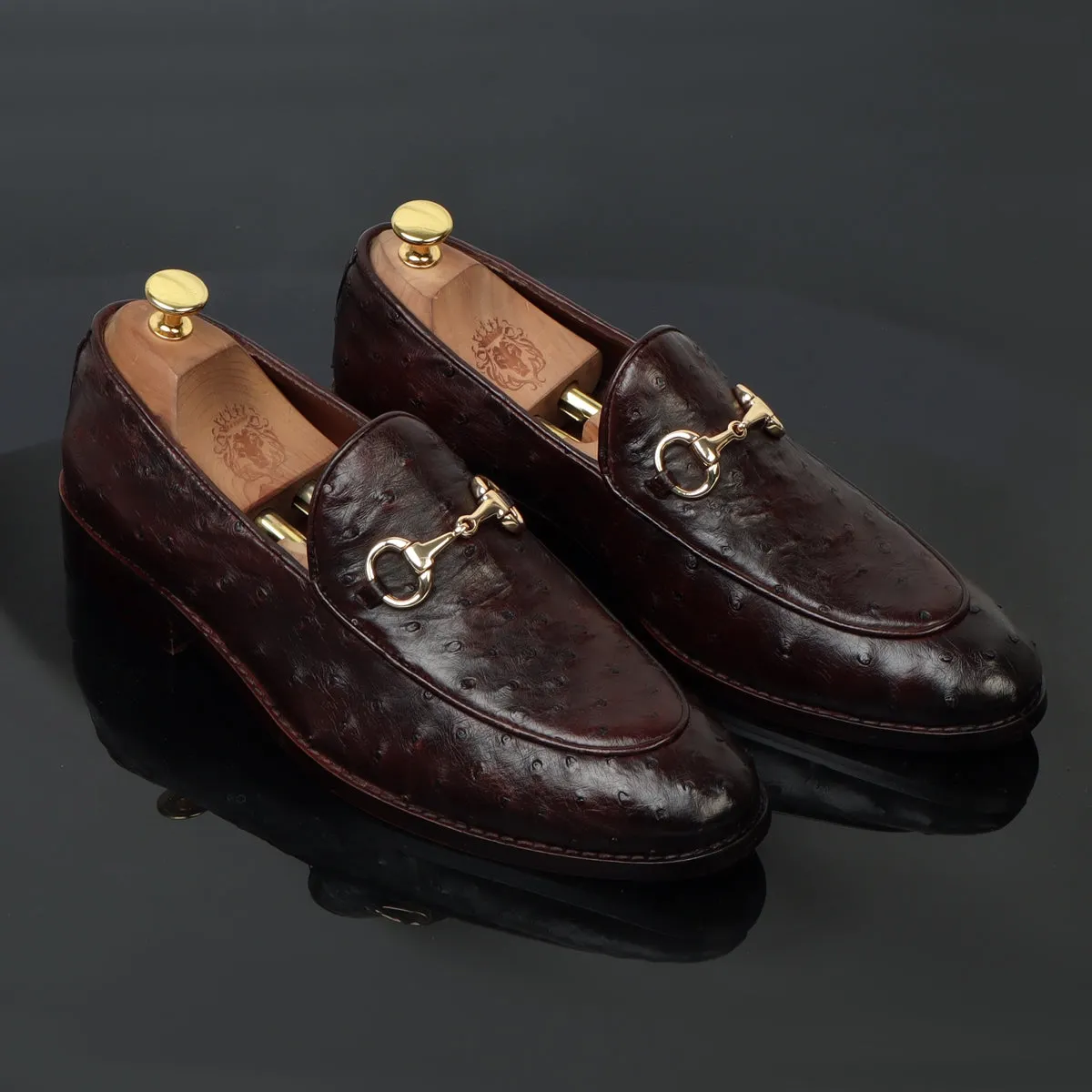 Tobacco Brown Slip-On  Shoes in Real Ostrich Leather Horse-bit Buckle