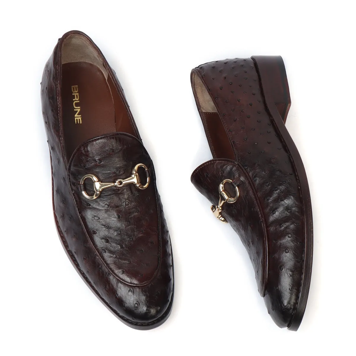 Tobacco Brown Slip-On  Shoes in Real Ostrich Leather Horse-bit Buckle