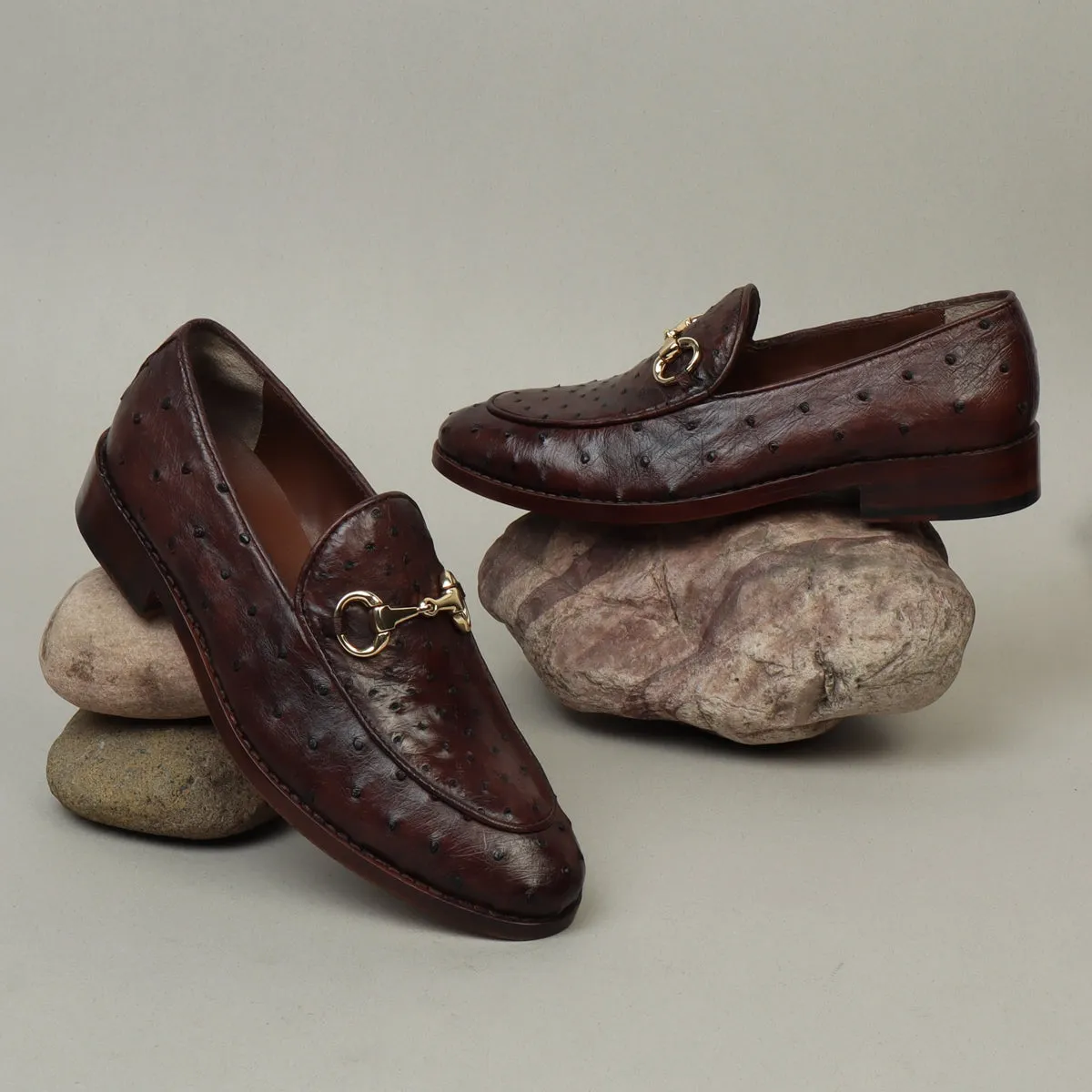 Tobacco Brown Slip-On  Shoes in Real Ostrich Leather Horse-bit Buckle