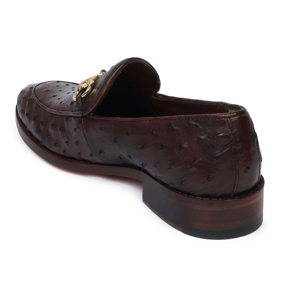 Tobacco Brown Slip-On  Shoes in Real Ostrich Leather Horse-bit Buckle