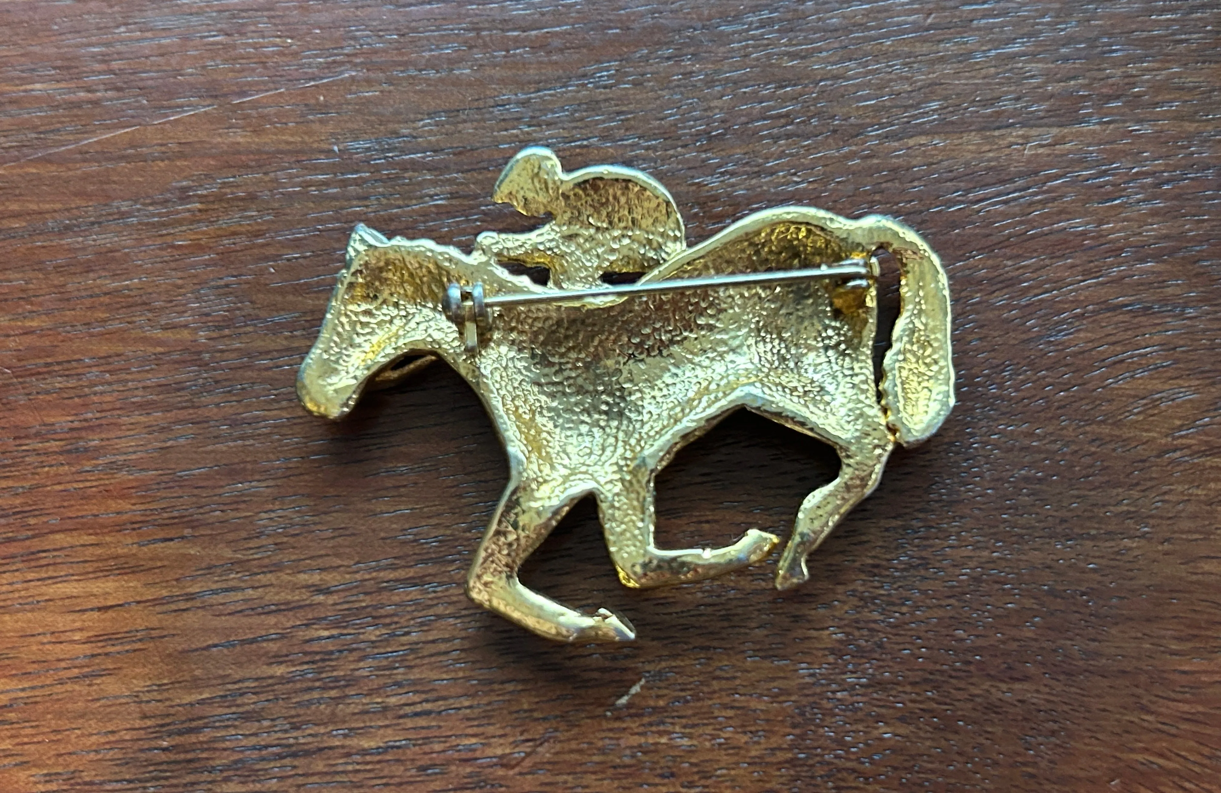 Vintage Gold Tone Black White Enamel Rhinestone Horse Jockey Derby Brooch Pin