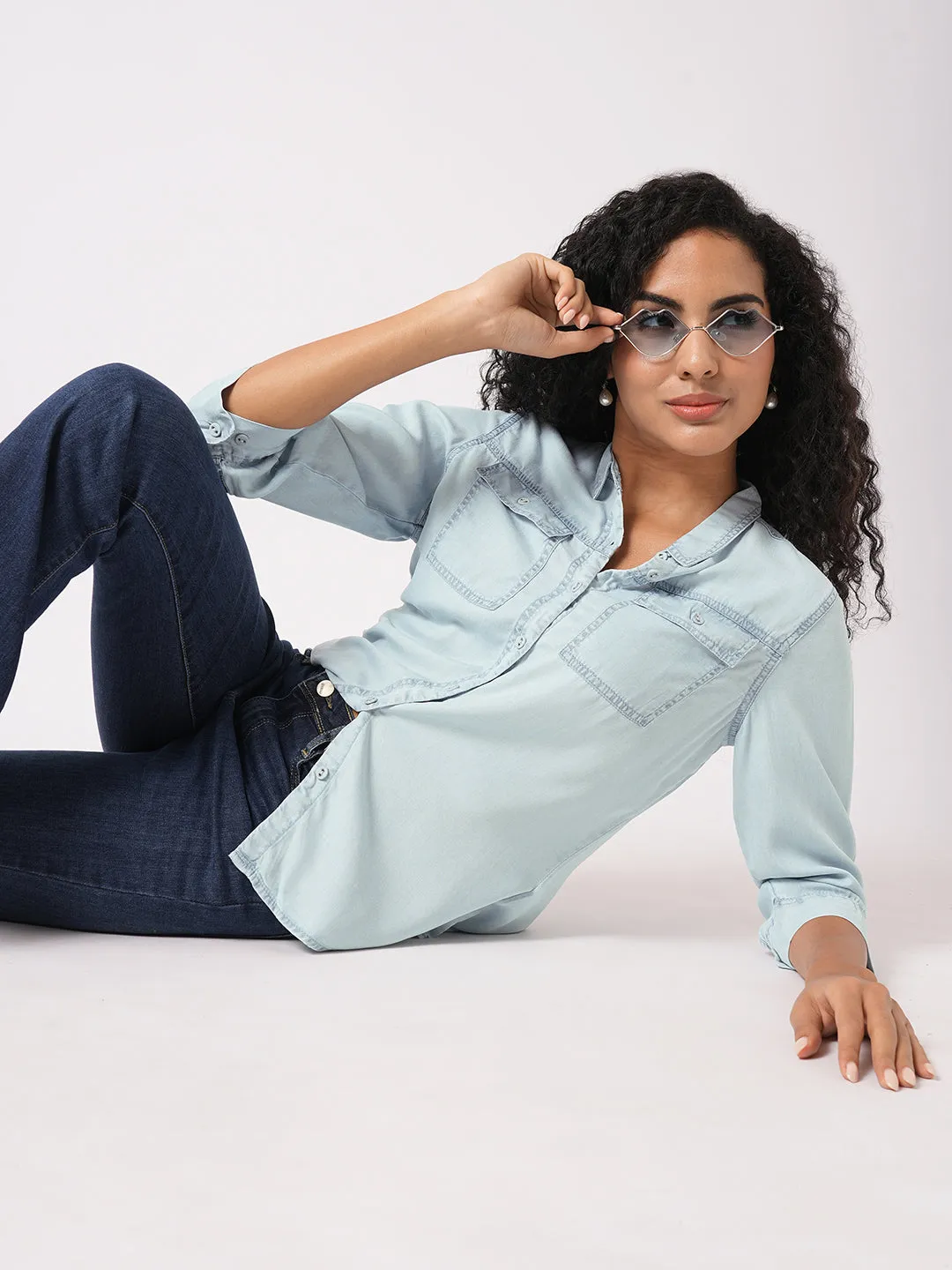 Women Slim Fit Light Blue Denim Shirt