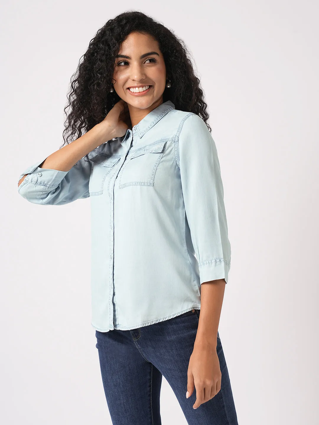 Women Slim Fit Light Blue Denim Shirt