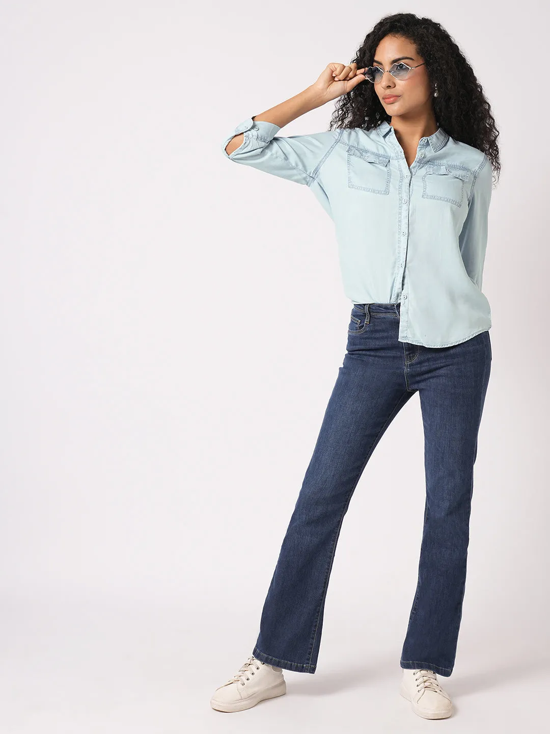 Women Slim Fit Light Blue Denim Shirt