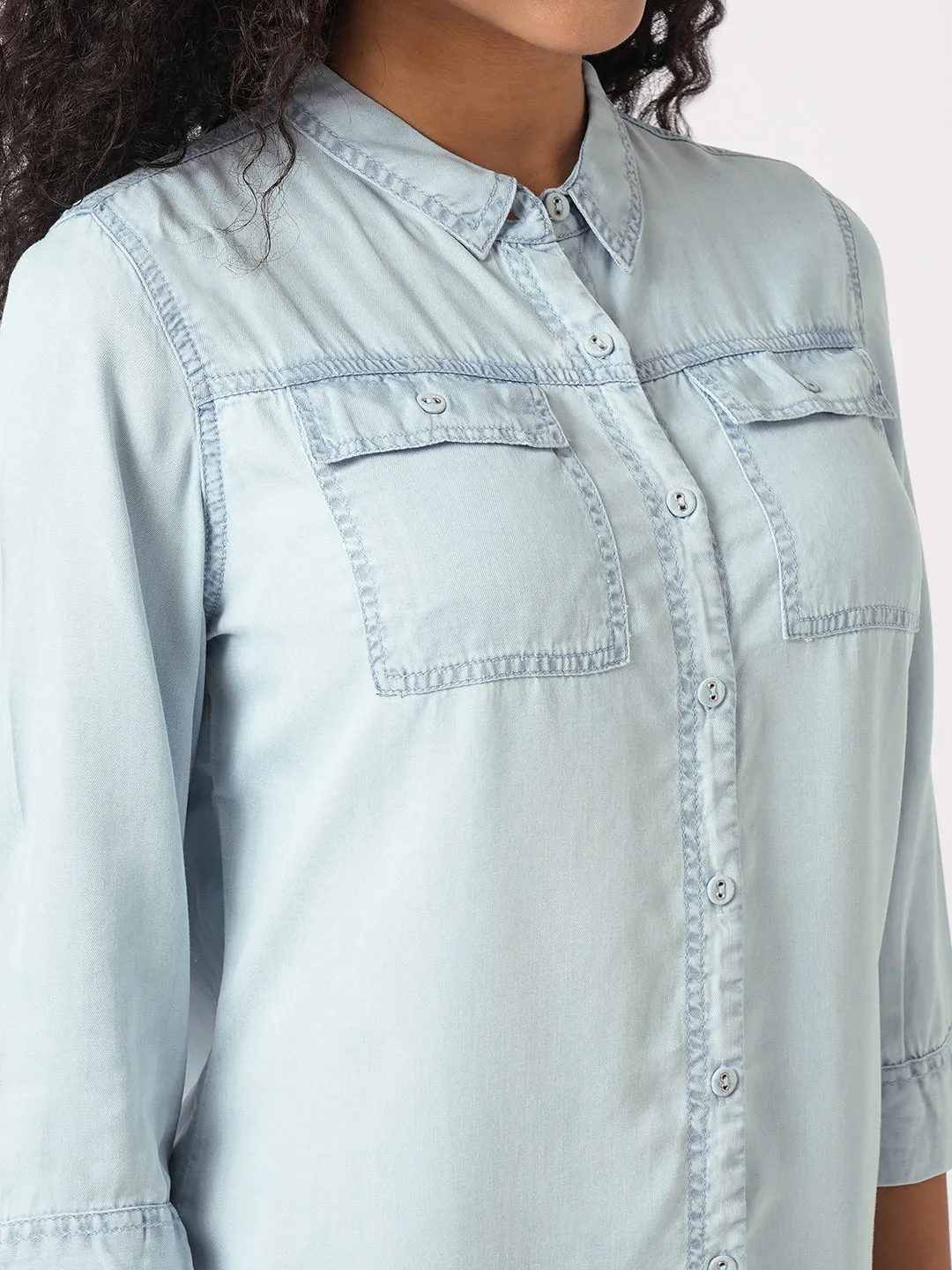 Women Slim Fit Light Blue Denim Shirt