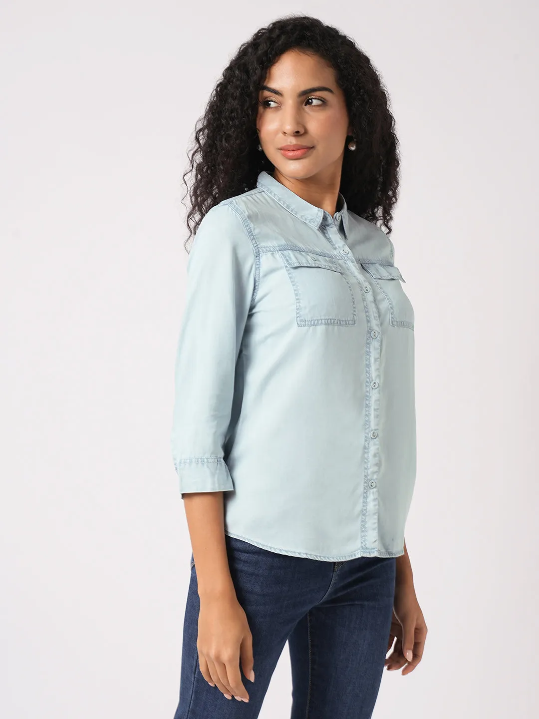 Women Slim Fit Light Blue Denim Shirt