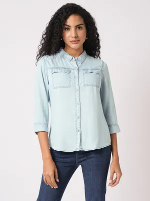 Women Slim Fit Light Blue Denim Shirt