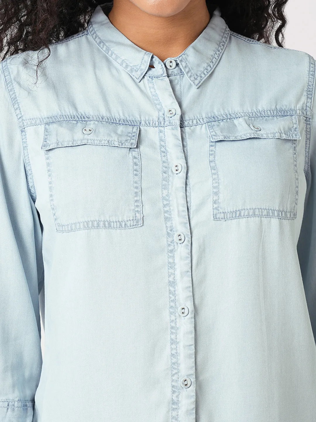 Women Slim Fit Light Blue Denim Shirt